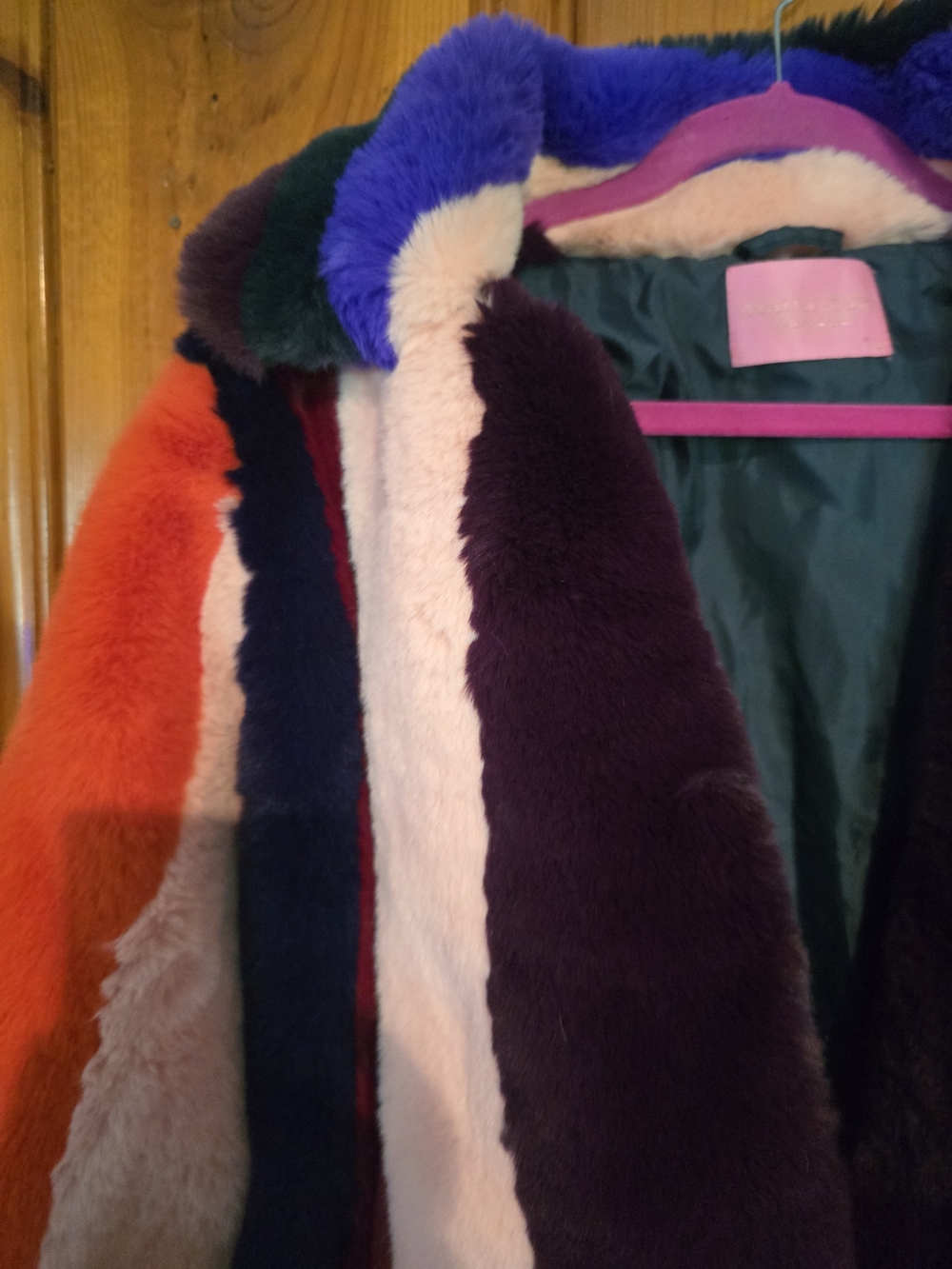 Multicolor Faux Fur Bomber Jacket - Women's Bold Stripe Coat - Picture 5 of 16